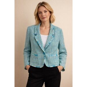 Aqua Blue Tweed Cropped Blazer Spring Pastel Jacket Women Norton McNaughton 14
